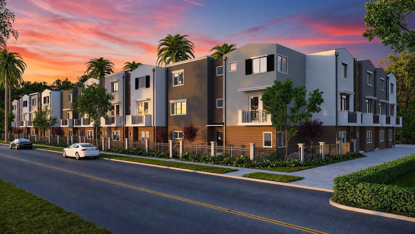 Rangée de maisons de ville modernes au crépuscule, avec des palmiers